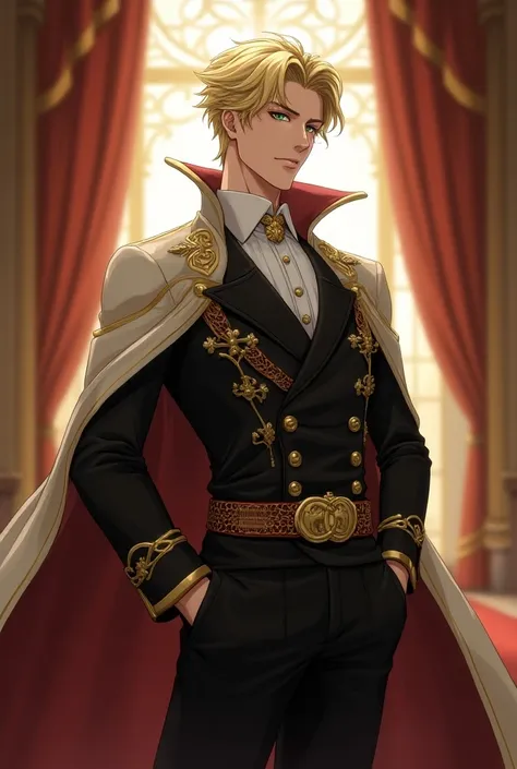 Blond boy, piel Blanca,  of arrogant royalty, Handsome and tall anime 
