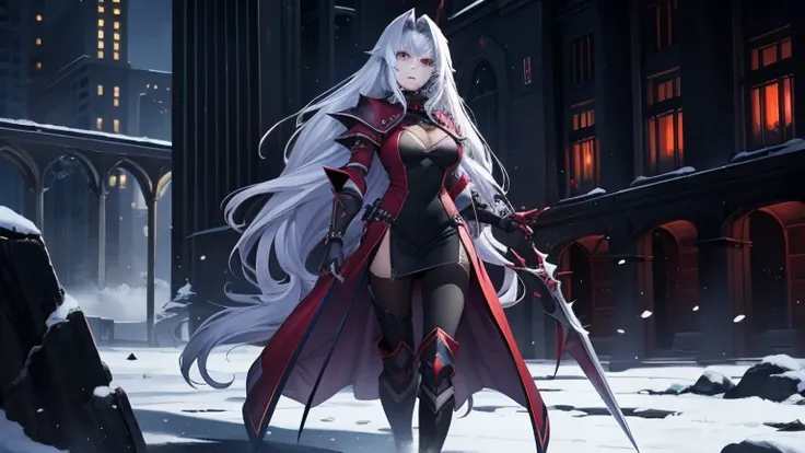  plano general,  full body wool sweater, standing girl. Warrior vampire , vampire girl,  female vampire in armor ,  female vampire with sharp fangs,  has blood on her chest ,  Long blue hair ,  big breasts.