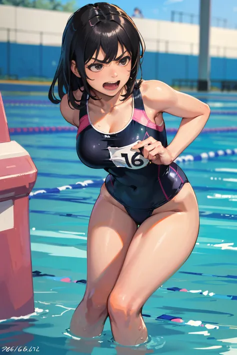 (( highest resolution,  High Quality, Best Quality, 16k, Realistic)), (( adult woman laughing)), (( competitive swimsuit)), ((Sporty body)), ((Swimming practice )), ((Serious face)), (()), (()), (()), (()), (()), (())