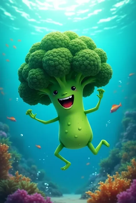 A happy piece of broccoli playing in the ocean 