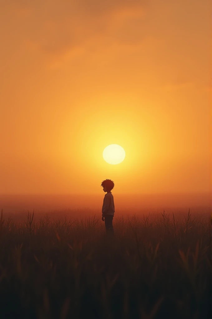 A young boy named Kamal stands alone in a vast, open field. The sun is setting, casting a warm orange glow over the landscape. Kamal looks sad and lonely, his three friends nowhere to be seen.