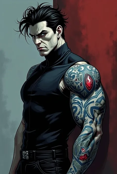 Black, gray and white, red and blue villain manga character tattoo for a right arm