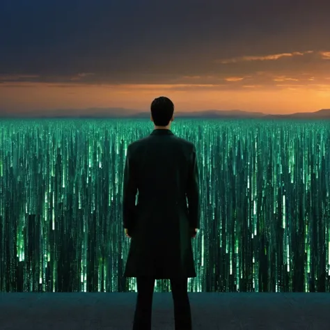 create an image of a male human being looking at the horizon where it is like the movie matrix, dusk scenery.