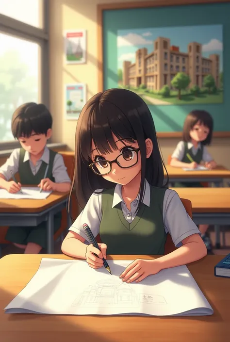 Figure 3 :  Rina Studying at School
Description :
 This picture shows Rina inside the classroom ,  is busy drawing on large paper .  She is surrounded by classmates who are also focused .  Rina is dressed in simple school clothes ,  with glasses that add t...