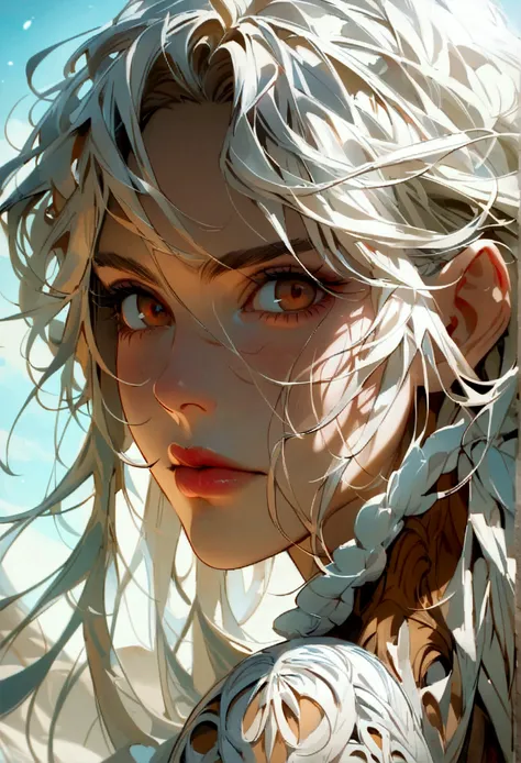 masterpiece, absurdres, ((1 young woman)), ((solo)), ((full body)) portrait of a female girl at summer camp, she has long wavy white hair, long hair, detailed textured skin, highly detailed brown eyes, vampire hunter, belmont, alucard Castlevania, closed m...