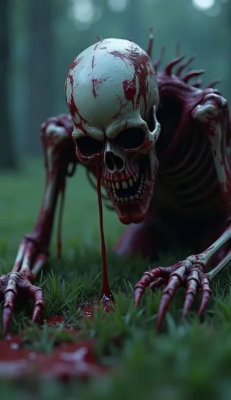 close up of a skeleton and bloody skin splattered spookily on the lawn at night, spooky netflix still shot, scary creature, vecna of foreign body, scary creature in the background, photorealistic horror, skeleton-like creature, skeleton-like creature, scar...