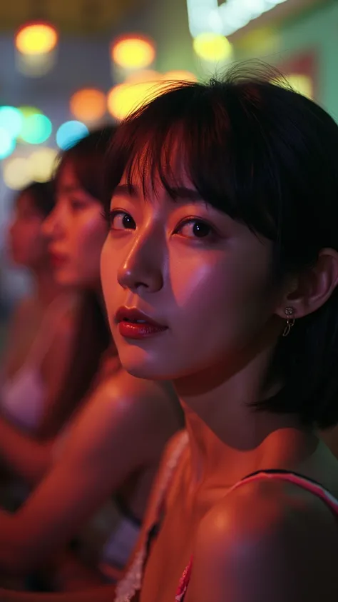 img_1028.with:  This is a nostalgic image of an East Asian woman with a beautiful face ,  is dim It was taken in a disco setting .  The photo is grained ,  Aesthetic from the 1990s ,  slightly blurry ,  out of focus ,  It reminds me of a Kodak EasyShare sn...