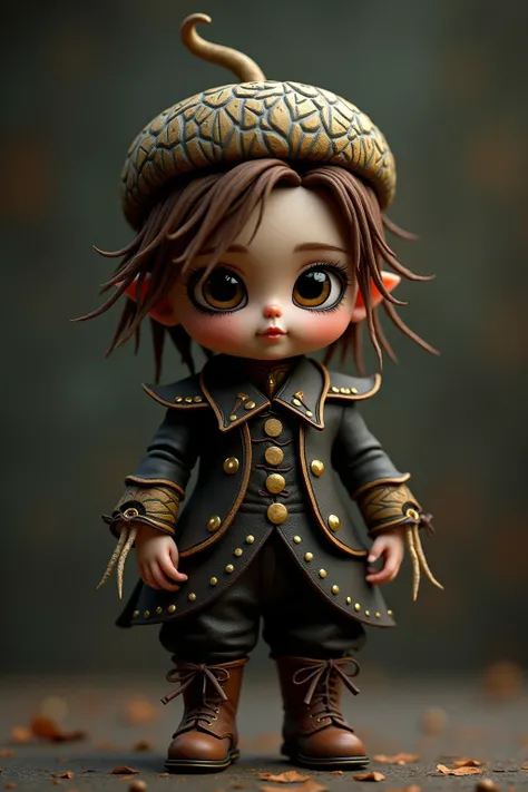 generate images of kawaii chibi character of (acorn head) zany scarecrow with a horror fantasy theme,(hands on hips:1.5),clothes must be highly intricate baroque style , elegant, and visually striking, highly detailed leather boots, resembling digital pain...