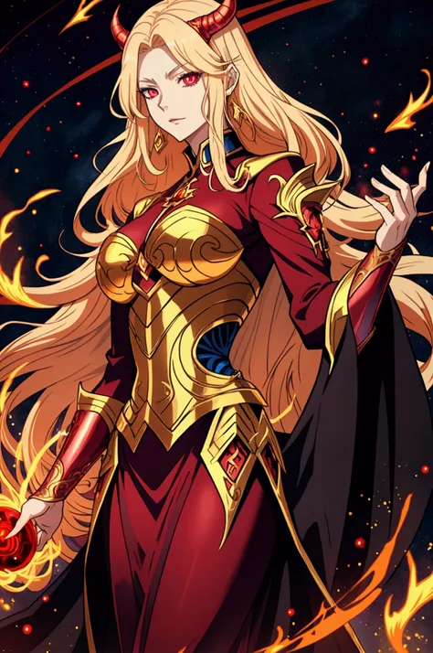 wizard woman, have power like demon in manhwa, crimson eye color , emanating majesty body , golden hair , divine outfit, the background is village