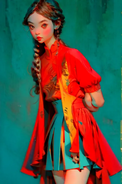 masterpiece 、 high quality,1 teenage girl,,stand facing the camera,、 braided hair with bangs , sheer china dress style、、 miniski...