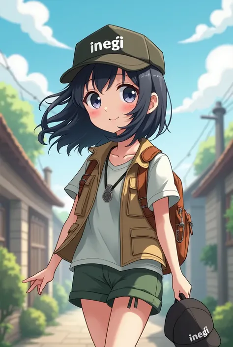  Animated black-haired girl with loose hair, with vest besh  ,  Travelers backpack  ,  with a tent in her hand and a hat with the letters  "INEGI  "  on a large  ,  against the background of a small town , with image measurements of 9 . 5 cm wide by 21 cm ...