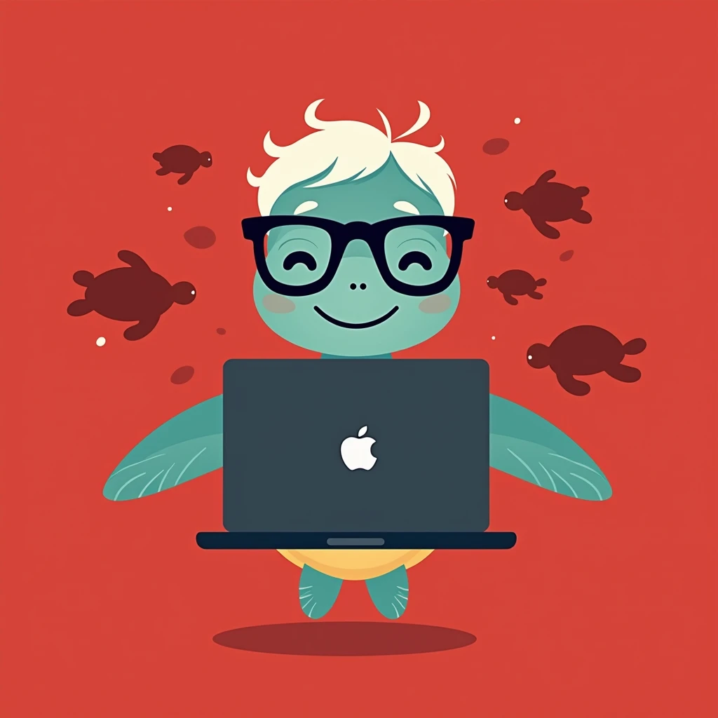  Minimalistic logo mark of a happy male sea turtle with short white hair wearing square black-rimmed glasses and holding a laptop, gentle happy expression , sea turtles float in the background,The background is dark red ,Beautiful colors,Its a gentle and s...