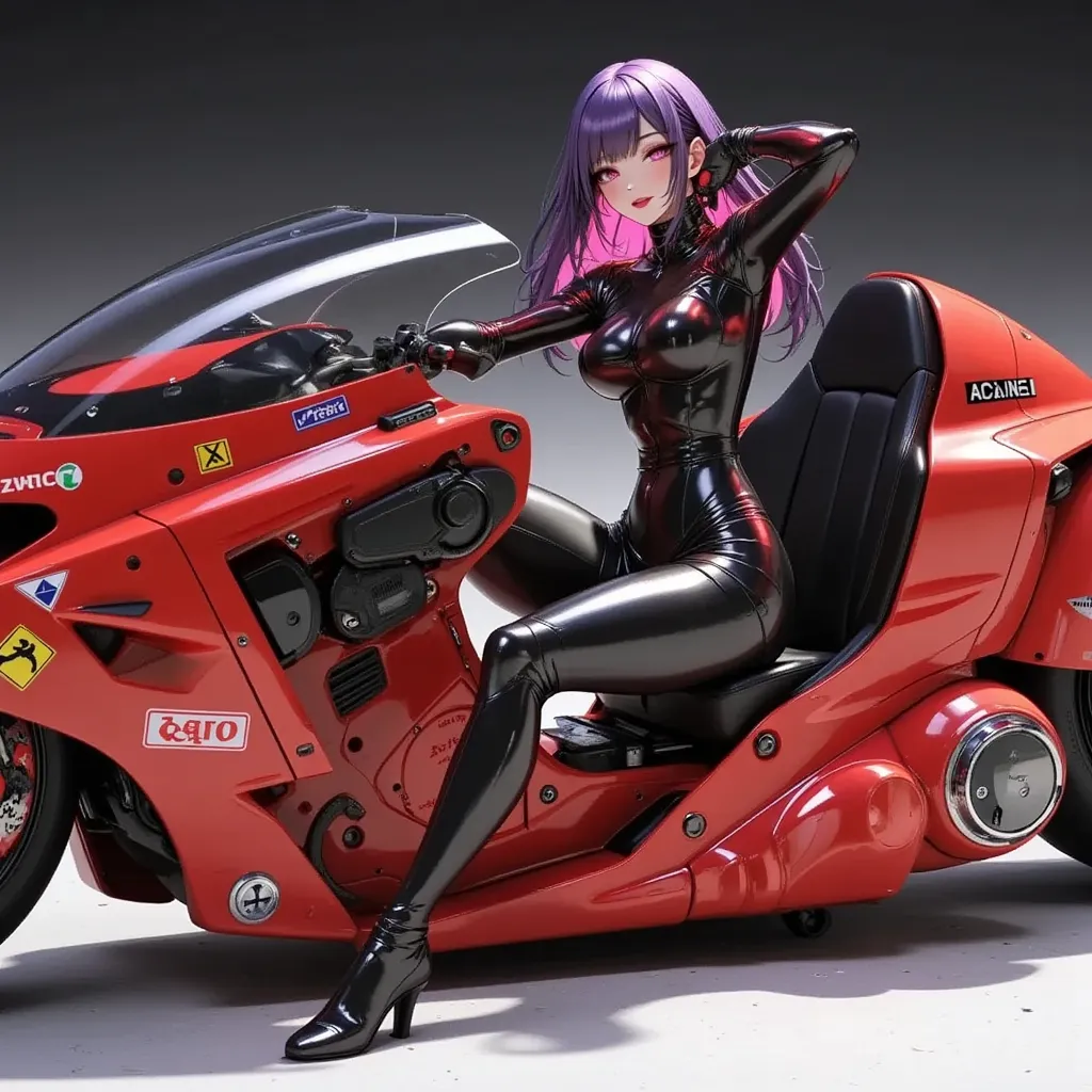 1girl,Sitting,Akira Bike,Lean back,Put your foot forward,Thick eyebrows,perfect sexy female body, (sexy and seductive pose:1.3),Black goth punk fashion,Large scooter,Very low seat,Low vehicle height,One step ahead,Akira Bike,high resolution,masterpiece,high quality, 
(Photorealsitic:1.4),Raw photo,(super realistic details),portlate,Shadow,Beautiful Skin,detailed face and eyes,Glossy lips,female curvy beauty,Striking contrast,8K,ultrasharp,Akira Bike Red,cycling,Cyberpunk City View,Spectacular screen