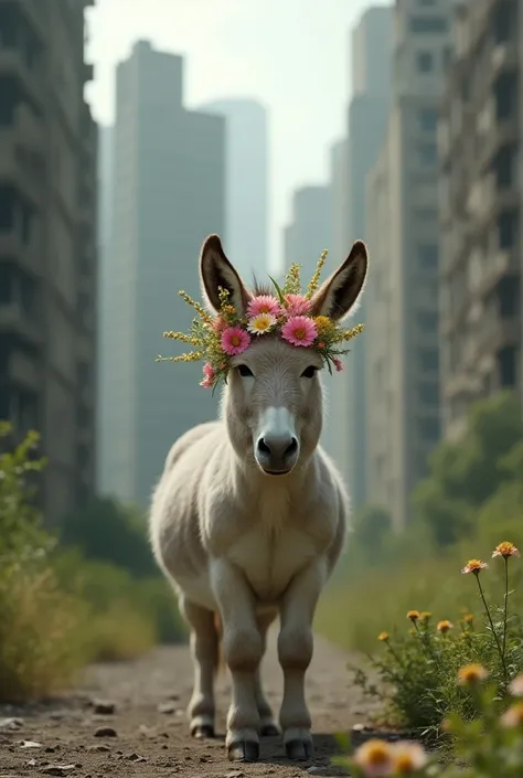 Un âne avec une couronne de fleurs sur la tête devant des tours hlm en ruine