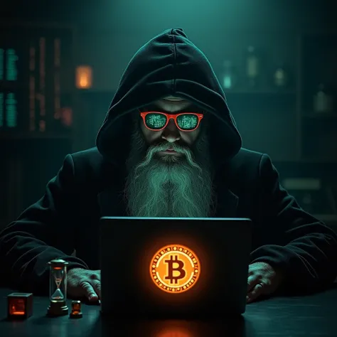 Create a picture of Nostradamus long beard wearing a neo matrix sunglass like a hacker with a laptopwith a bitcoin logo on it  and a hourglass  in a dark and mysterious place, dramatic lights, prediction dates and numbers of the future of bitcoin