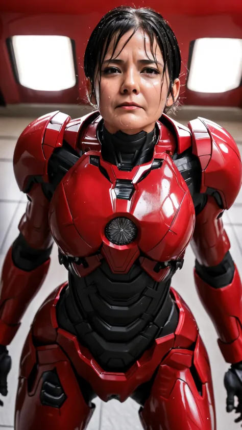 best quality　 8k full body red war machine suit girl　gloss　middle-aged women　sweaty face　cute　 short hair　 boyish　steam coming o...