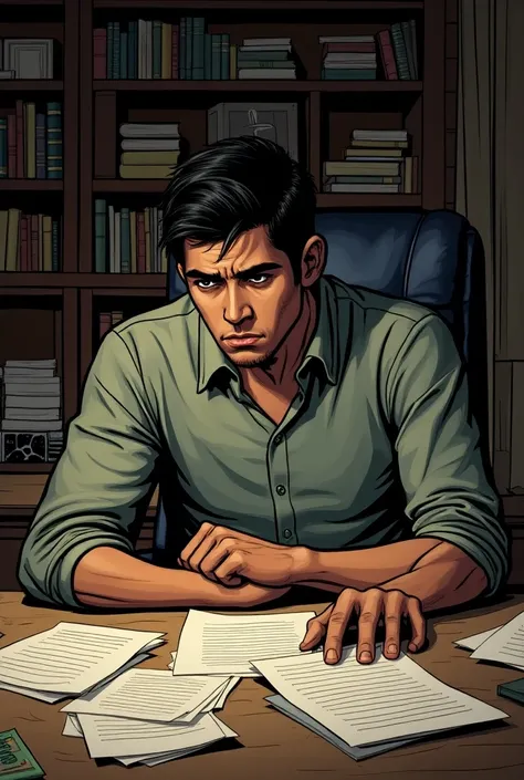 , Pastor Miguel a young Baptist Pastor, is shown in his study, looking distraught.  Papers are scattered on his desk.
 Comic 