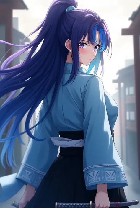  purple long hair that hides the waist　Two-color purple and blue hair 　 turn a section of ones bangs blue blue blue with blue highlights on the bangs　 part of the bangs is light blue 　Dark Eyes　Sharp, Cool Eyes 　Light blue haori coat　Blue coat with white t...