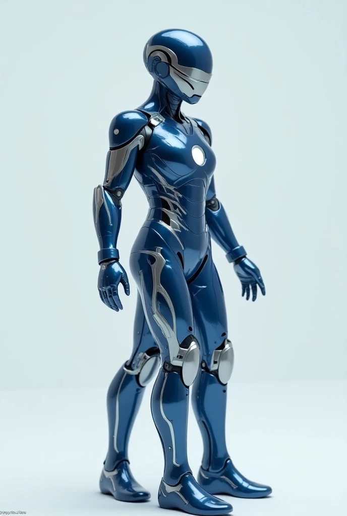 Create a realistic Ironman Suit for a woman using advanced nanotechnology. The suit should be sleek and form-fitting, with a metallic sheen, primarily blue and accents of silver. The design should fit a female body, with the helmet being streamlined and sl...