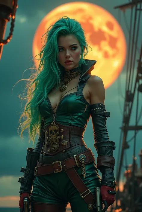 A beautiful cyberpunk Pirate girl, with a parrot by her side, masterpiece, highest quality, (solo focus), (perfect face:1.1), (high detail:1.1), (hyper detailed eyes), dramatic, a girl with pale skin and long voluminous, apple green  hair, blue eyes, solo,...