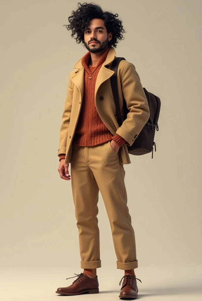 Young man with Moroccan hair wearing beige suit pants with brick-colored vest. que se vea el Cuerpo completo.