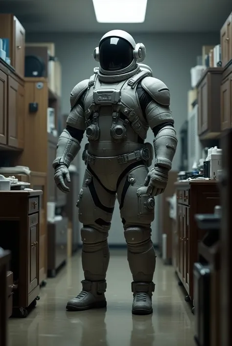 Astronaut, muscular, in an astronaut suit, alone in a room, usually full of furniture.