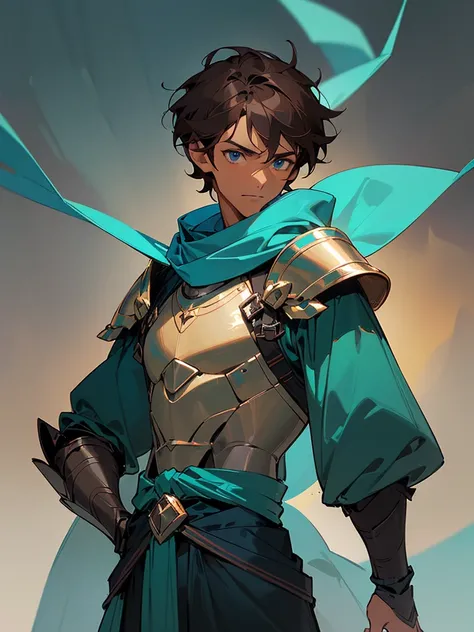 ((male)) ((man)) ((dark brown hair)) ((tanned skin)) ((light blue eyes)) ((medium hair)) ((dark cyan armor)) ((dark green shirt)) ((dark blue scarf)) ((tighted grey blue Fabric waist)) Solo ((half body portrait)) 