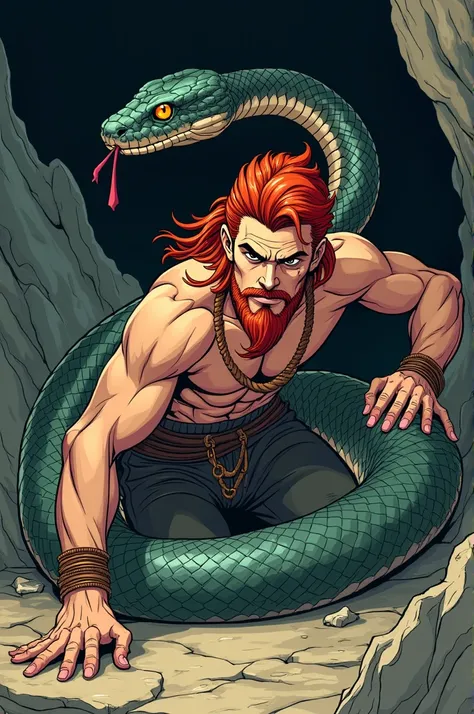 draw young god red haired goatee beard tied to a rock while a snake sprays poison on him   , flat colors, dark shading, lineart