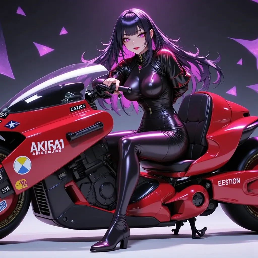 1girl,sitting,akira bike,lean back,put your foot forward,thick eyebrows,perfect sexy female body,(sexy and seductive pose:1.3),b...