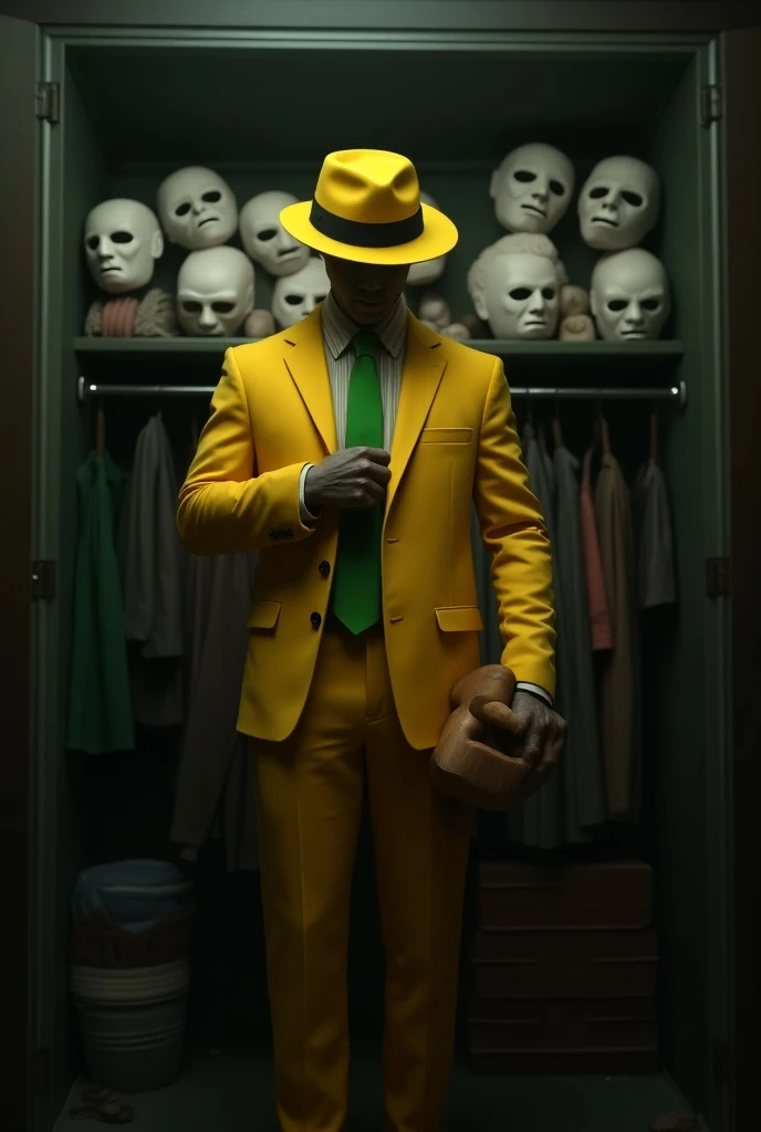 A man with his back seeing white balaclava-like masks with a wooden mask in his hand that are in a closet.  He wears clothes and accessories that resemble the character  "The mask ",  including a vibrant yellow suit , green tie,  and a yellow hat with a bl...