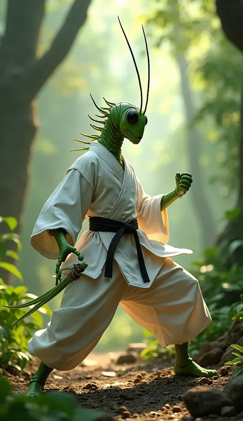 Humanoid grasshopper with karate kimono in the jungle