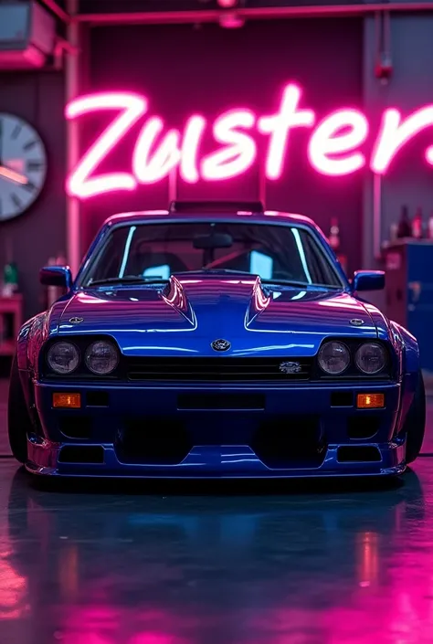  magenta und Königsblauer Opel Manta B turbo full body wide construction tuning kit Flügel türen extreme rear spoiler clear glass headlights extreme lowered air chassis 20 inch spoke aluminum rims with wide narrow gauge tires in a car paint shop,3d Schrift...