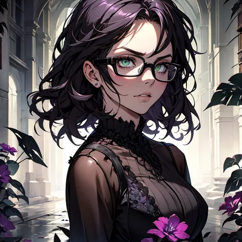 [purple flower, goth album cover, night time, thunder storm, gothic, emo] [female, brown messy short hair, green eyes, black frame glasses]