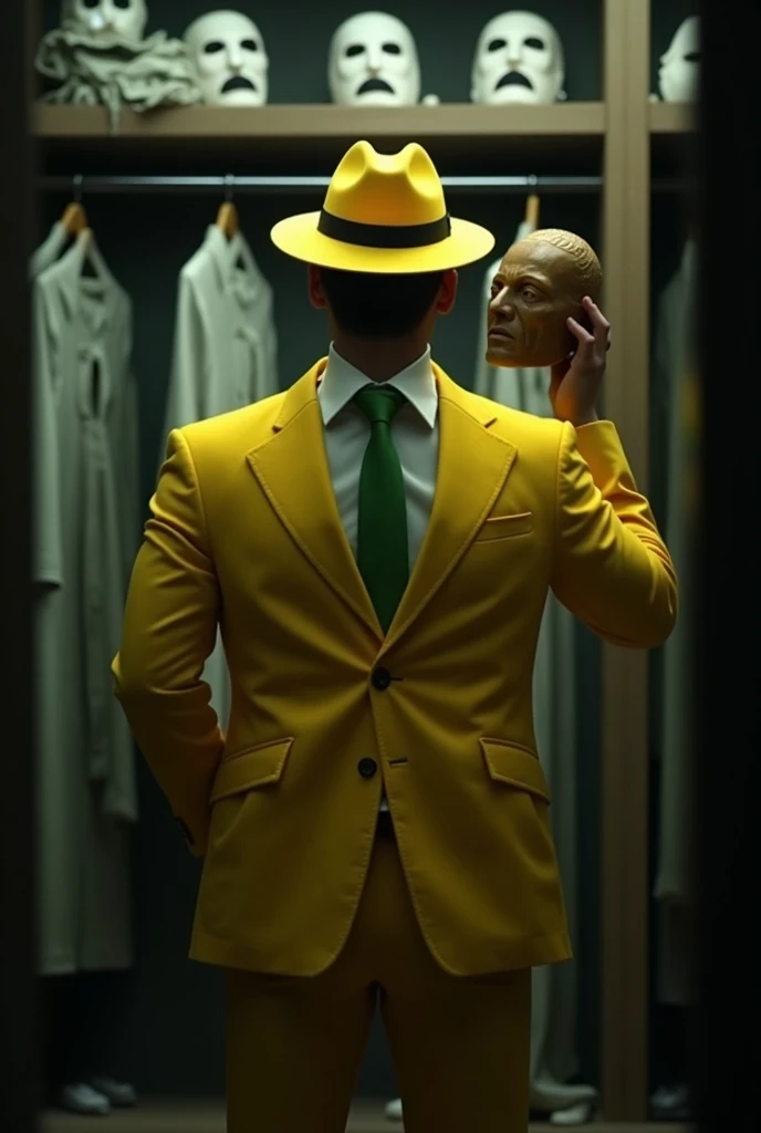 A man with his back seeing white balaclava-like masks with a wooden mask in his hand that are in a closet.  He wears clothes and accessories that resemble the character  "The mask ",  including a vibrant yellow suit , green tie,  and a yellow hat with a bl...