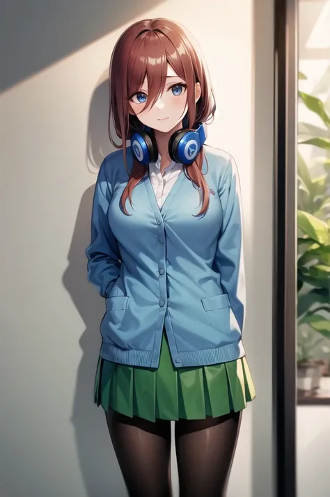 masterpiece, best quality, highres, nm1, headphones around neck, school uniform, long sleeves, blue cardigan, green skirt, pantyhose, cowboy shot, standing