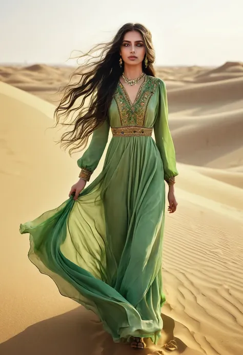  (Arabian) girl , yellow eyes , green long  locks ,walk on the streets  in elegant  vintage dress in a sand desert , hiperrealistic, high resolution 