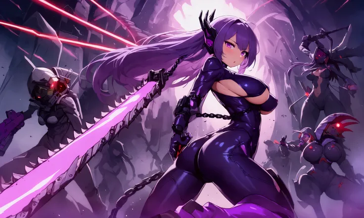 A cute woman (violet hair, violet eyes, sexy violet body suit extremely revealing, some electronic components on the suit with lit displays, amazing butt, laser pistol, chain sword (chain saw bladed sword makes a real bloody mess of foes)), role of space p...