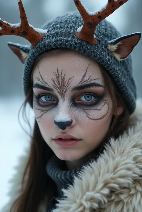 Generate a reindeer skin makeup for a womans face in the form of a mask 
