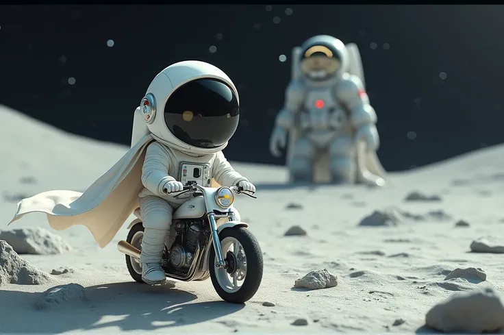 cat、space helmet with crescent moon batch、Space Suit、 white cloak、Lunar Surface、White Motorcycle、monster