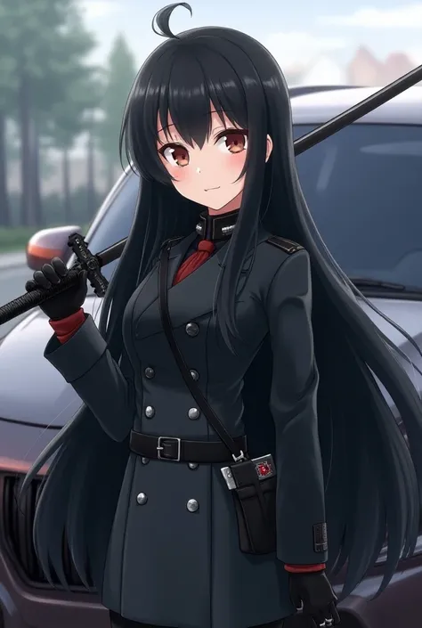 The character is standing next to the car ,  holding a black sword and with a more serious and vigilant expression. She has long black hair ,  and wear a dark gray coat over a stylized military uniform ,  with a side bag and gloves . Characters have an ani...