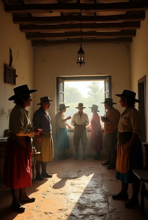 Creole peasant people in boots and hats gathered talking inside an old house in colonial Colombia