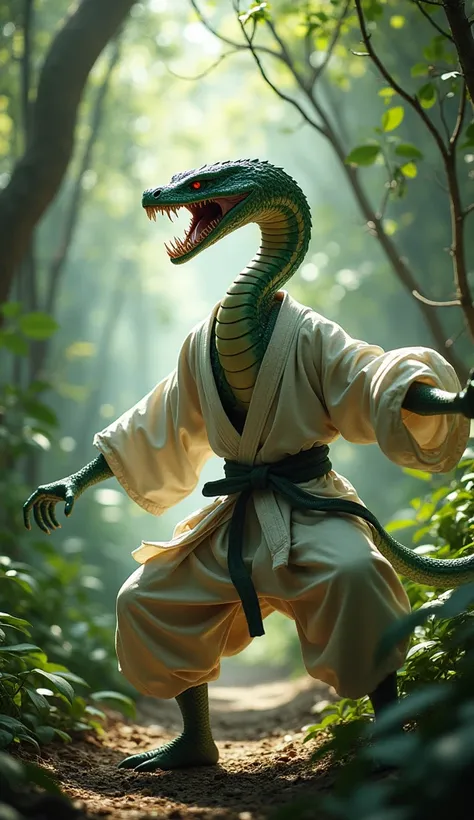 Humanoid snake with karate kimono in the jungle