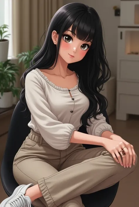 Appearance woman angela long black hair ,  white black eyes smile with a sweet look black eyebrows 

Clothing girl doing acrylic nails sitting in her chair blouse clothes and long pants with white sneakers 

Personality: a very cheerful girl who likes fash...