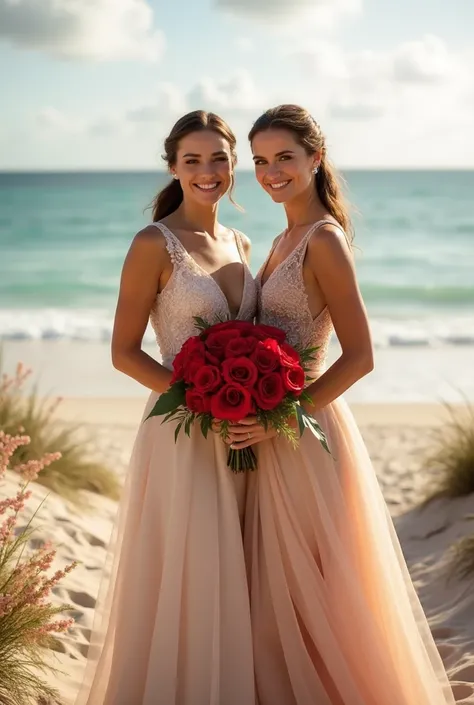 Very elegant sisters at a beach wedding with a bouquet of red roses 