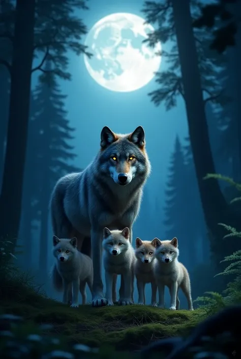 In a forest whit full moon, a male wolf in front side whit her tree sons