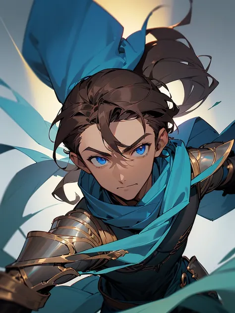 ((male)) ((man)) ((dark brown hair)) ((tanned skin)) ((light blue eyes)) ((long hair)))) ((dark blue armor)) ((dark green shirt)) ((dark blue scarf)) ((tighted grey blue Fabric waist)) Solo ((half body portrait)) ((cool pose)) ((dynamic))