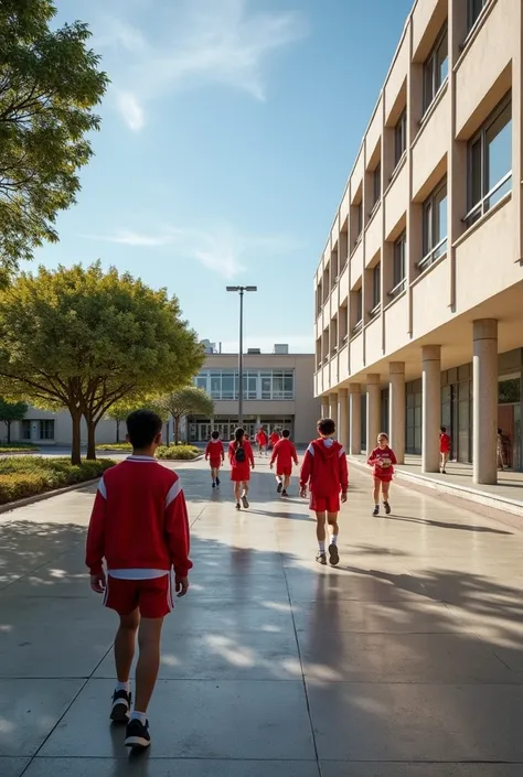 The Physical Education area ,  with a panoramic shot from the pool building ,  capturing both the street and the students in motion as they go to the sports facilities,  is presented wearing its uniform red color with white stripes 