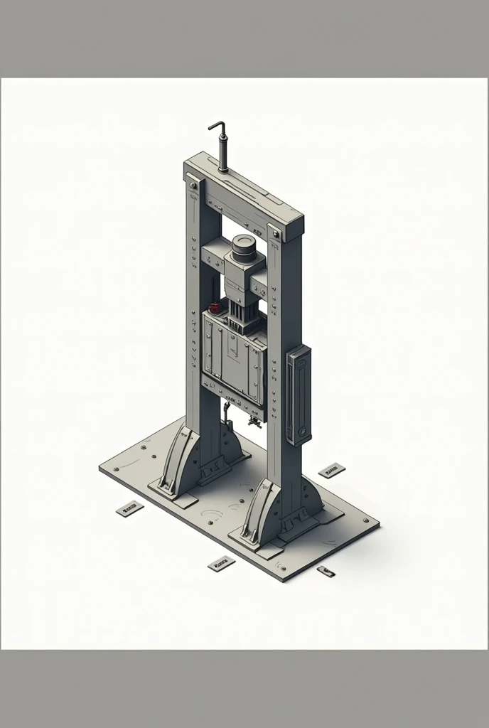  isometric illustration of hydraulic press structure, with beams and steel plates , monochrome industrial environment background. perspective, vanishing point, 3D Isometric, Isometric Projection, 