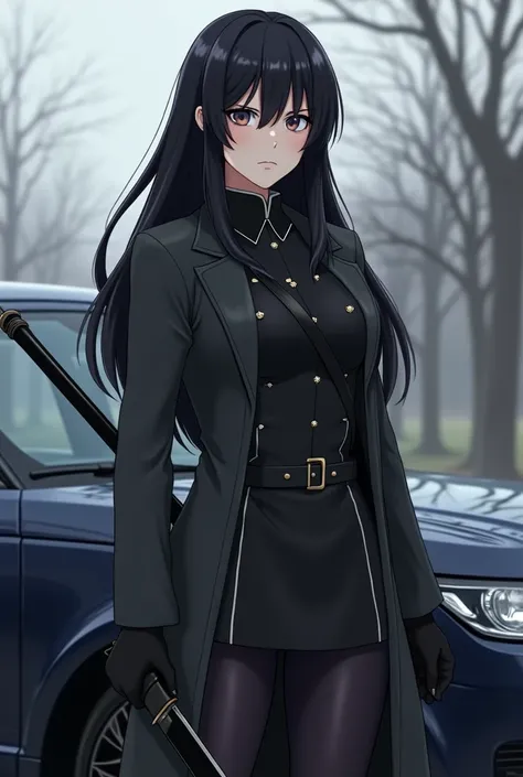 The character is standing next to the car ,  holding a black sword and with a more serious and vigilant expression. She has long black hair ,  and wear a dark gray coat over a stylized military uniform ,  with a side bag and gloves . smooth and detailed fa...