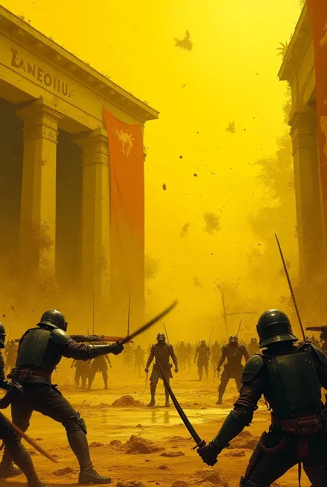 image of an arena in a state of war with vibrant yellow colors